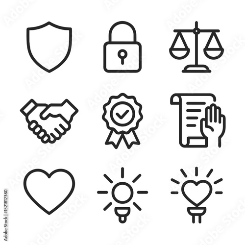 Integrity Icons Set. Outline icon set of integrity and ethics: shield, lock, scales of justice, certificate, handshake, checkmark