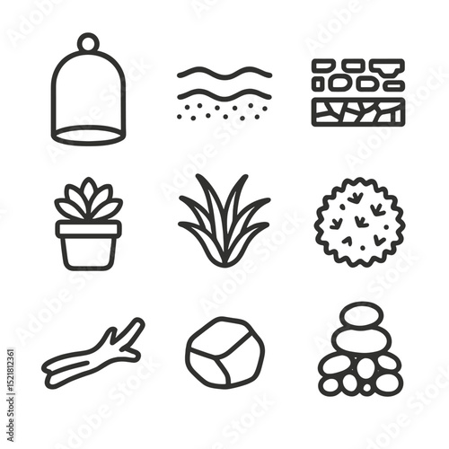 Succulent Terrarium Icons. Outline icon set of succulent terrarium dividers: glass dome, sand layer, charcoal layer, pebble base,