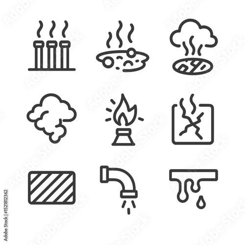 Sulfuric Icon Set. Outline icon set of sulfuric barriers: gas vents, bubbling pits, corroded grates, toxic clouds, warning flare,