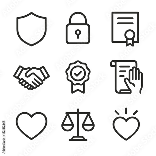 Integrity Icons Set. Outline icon set of integrity and ethics: shield, lock, scales of justice, certificate, handshake, checkmark