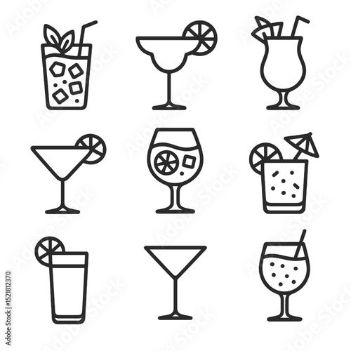 Summer Cocktail Icons. Outline icon set of summer cocktails: mojito, margarita, piña colada, daiquiri, sangria, mai tai, tequila