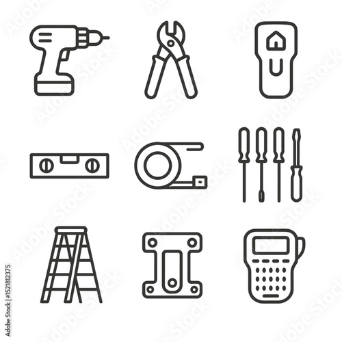 Installation Tools Icons. Outline icon set of professional installation tools: drill, cable stripper, stud finder, level,