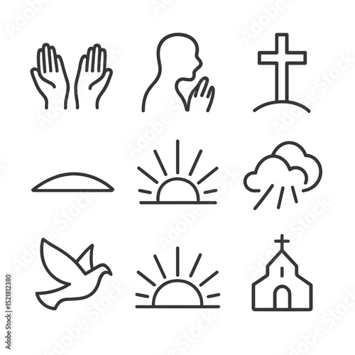 Sunrise Devotion Icons. Outline icon set of devotional sunrise imagery: open hands, praying silhouette, light cross, hilltop