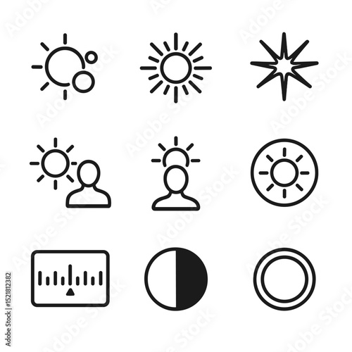 Sun Photography Icons. Outline icon set of sun photography effects: lens flare, sunburst, starburst, glare, silhouette, backlight,