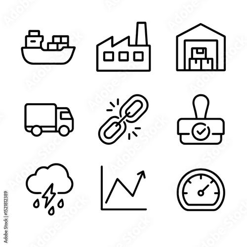 Supply Chain Icon Set. Outline icon set of supply chain risk: cargo ship, factory, warehouse, truck, broken chain link, customs