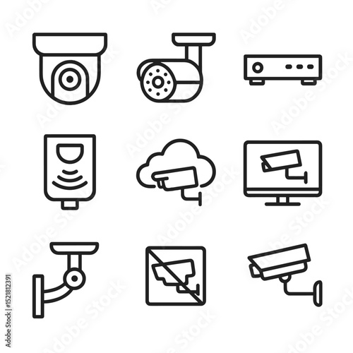 Surveillance Icon Set. Outline icon set of surveillance and monitoring: PTZ camera, night vision lens, DVR recorder, video feed,
