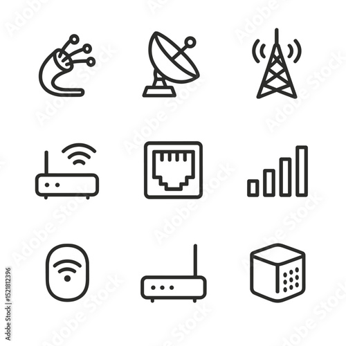 Internet Connectivity Icons. Outline icon set of internet connectivity types: fiber optic cable, satellite dish, cellular tower,