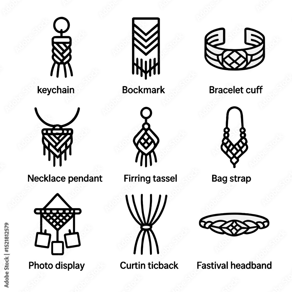 Fototapeta premium Macramé Gift Icons. Outline icon set of macramé gift ideas: keychain tassel, bookmark fringe, bracelet cuff, necklace pendant,