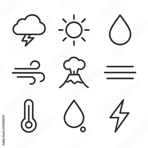 Terra Nova Weather Icons. Outline icon set of Terra Nova weather and environment: storm cloud, sunshine, raindrop, wind gust,