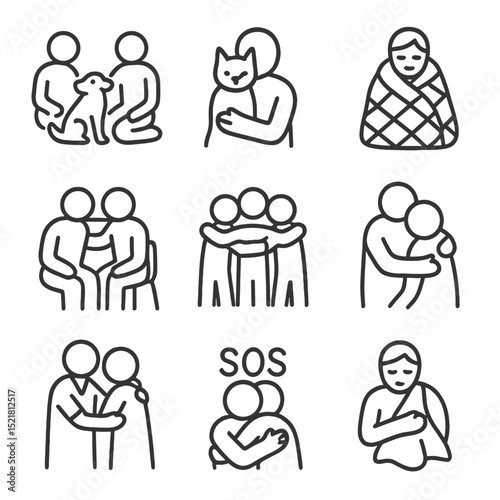 Therapeutic Hug Icons. Outline icon set of therapeutic hugs: pet therapy group, animal-assisted embrace, weighted blanket hug,