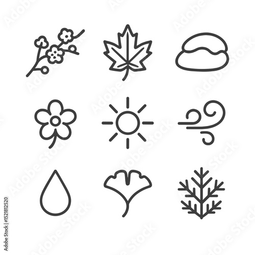 Seasonal Zen Iconography. Outline icon set of seasonal accents in zen garden: cherry blossom branch, autumn maple leaf,