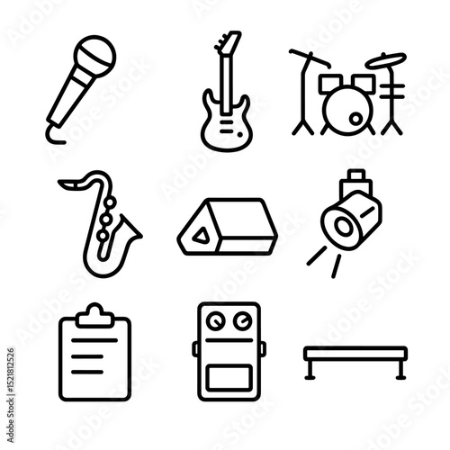 Live Music Icons. Outline icon set of live music performances: microphone, electric guitar, drum kit, saxophone, stage monitor,