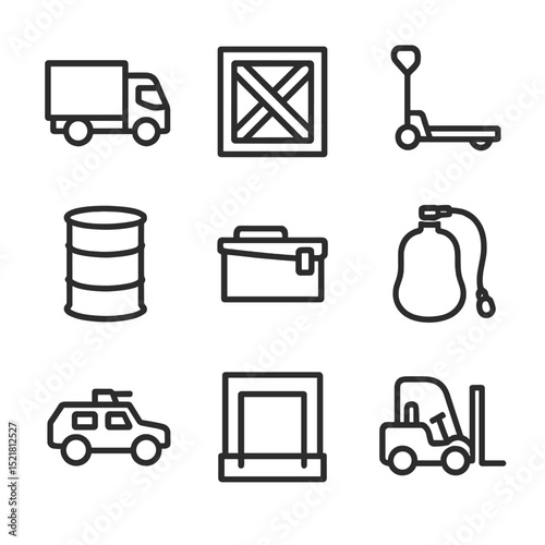 Logistics Icon Set. Outline icon set of logistics and resupply: cargo truck, supply crate, pallet jack, fuel drum, ammo box, water