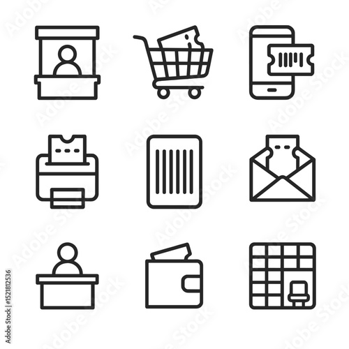 Ticketing Icon Set. Outline icon set of ticketing and distribution: box office window, online checkout cart, mobile ticket scan,