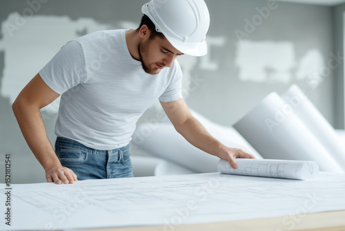 Architect wearing a white hardhat reviewing blueprints on a table at a construction site, unrolling additional plans with focused dedication to project success