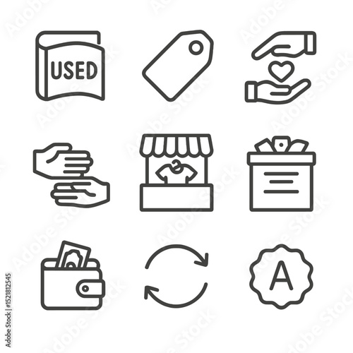 Second-Hand Icon Set. Outline icon set of second-hand and resale: used book sticker, price tag, donation box, exchange hands, flea