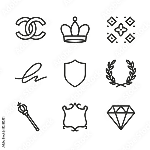 Luxury Brand Icon Set. Outline icon set of luxury brand logos: interlocking initials, crown emblem, monogram pattern, signature