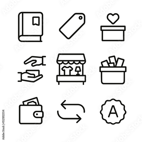 Second-Hand Icon Set. Outline icon set of second-hand and resale: used book sticker, price tag, donation box, exchange hands, flea