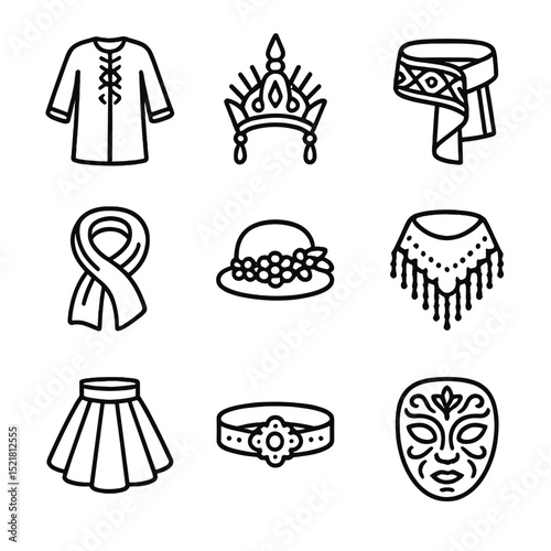 Traditional Attire Icons. Outline icon set of traditional attire and costumes: embroidered robe, ceremonial headdress, pattern