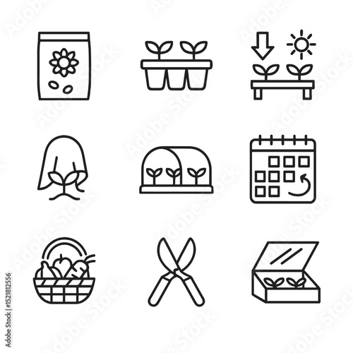 Seasonal Gardening Icons. Outline icon set of seasonal tasks: seed packet, seedling tray, hardening off, frost cloth, row cover,