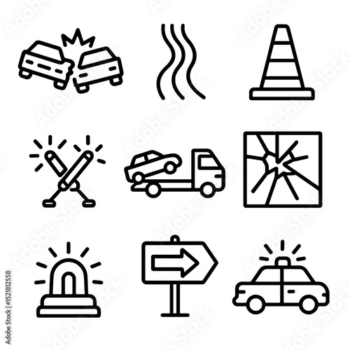 Traffic Accident Icons. Outline icon set of traffic accident warnings: collision car, skid marks, traffic cone, flares, tow truck,