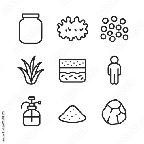 Terrarium Icon Set. Outline icon set of terrarium setups: glass container, moss bed, pebble drainage, air plant, charcoal layer,