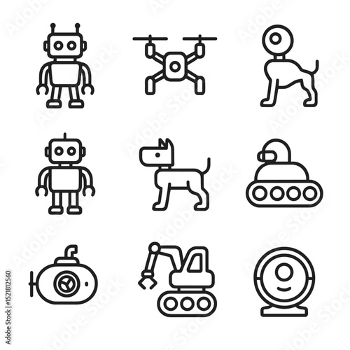 Toy Robot Icons. Outline icon set of toy robot types: walking robot, flying drone, rolling rover, humanoid bot, animal bot, mini