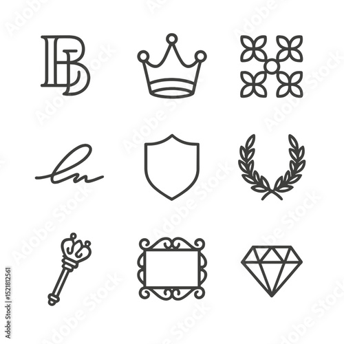 Luxury Brand Icon Set. Outline icon set of luxury brand logos: interlocking initials, crown emblem, monogram pattern, signature