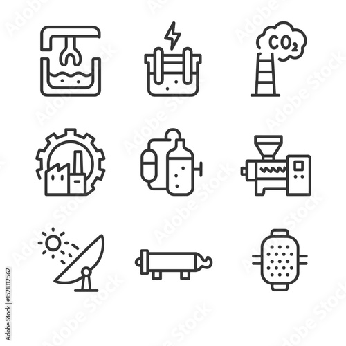 Low-Carbon Industry Icons. Outline icon set of low-carbon industrial processes: electric arc furnace, green hydrogen electrolyzer,