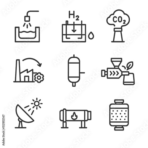 Low-Carbon Industry Icons. Outline icon set of low-carbon industrial processes: electric arc furnace, green hydrogen electrolyzer,