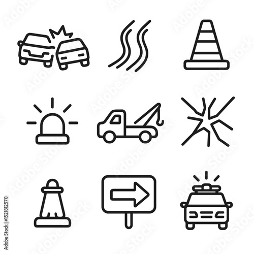 Traffic Accident Icons. Outline icon set of traffic accident warnings: collision car, skid marks, traffic cone, flares, tow truck,