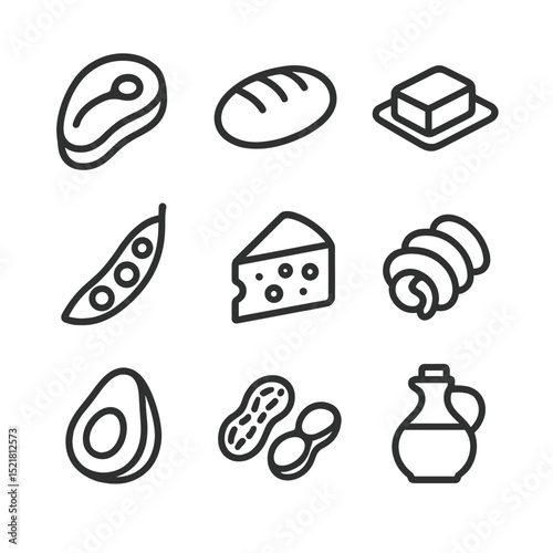 Macronutrient Icon Set. Outline icon set of macronutrient balance: steak slice, bread loaf, butter pat, bean pod, cheese wedge,