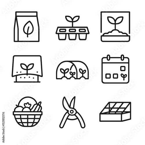 Seasonal Gardening Icons. Outline icon set of seasonal tasks: seed packet, seedling tray, hardening off, frost cloth, row cover,