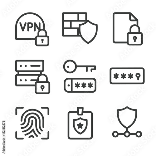 Secure Connection Icons. Outline icon set of secure remote connections: VPN lock, firewall shield, encrypted file, secure server