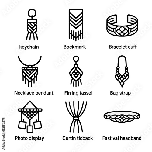 Macramé Gift Icons. Outline icon set of macramé gift ideas: keychain tassel, bookmark fringe, bracelet cuff, necklace pendant,