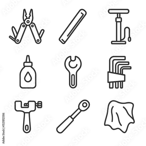 Maintenance Tools Icons. Outline icon set of maintenance tools: multi-tool, tire lever, pump, chain lube, spoke wrench, hex key