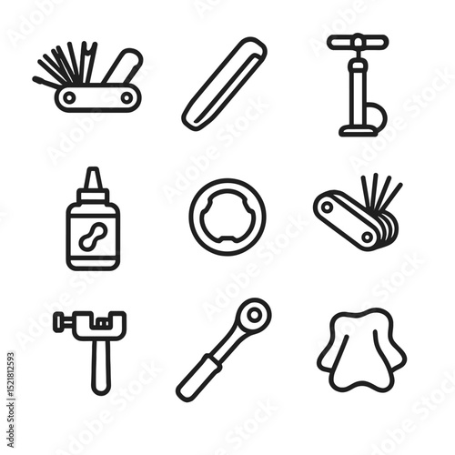 Maintenance Tools Icons. Outline icon set of maintenance tools: multi-tool, tire lever, pump, chain lube, spoke wrench, hex key