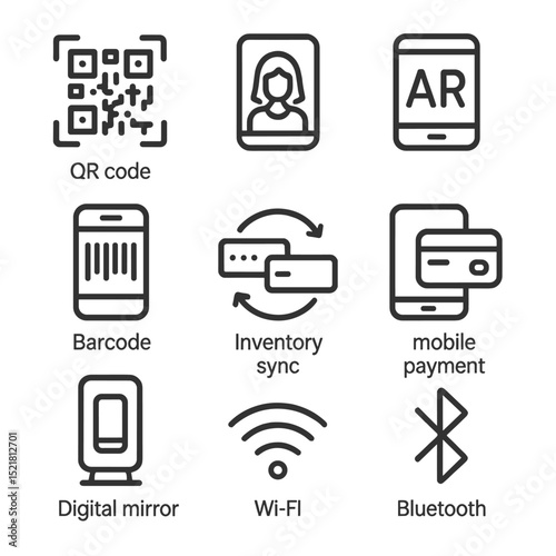 Mobile Fitting Icons. Outline icon set of mobile fitting room tech: QR code scanner, virtual try-on app, AR overlay, barcode