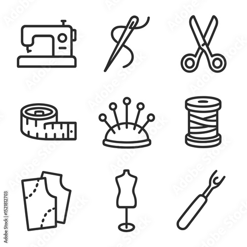Sewing Icon Set. Outline icon set of sewing and tailoring: sewing machine, needle and thread, fabric scissors, measuring tape, pin