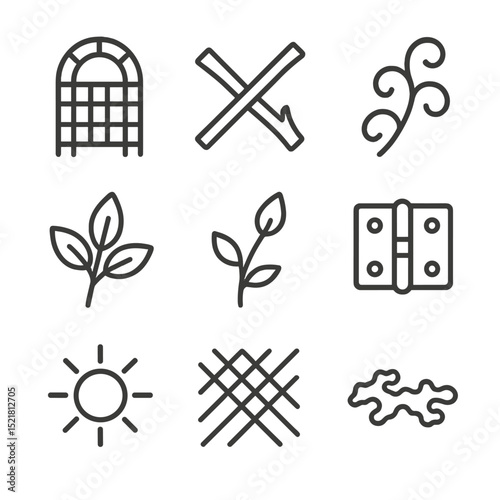 Twig Trellis Icon Set. Outline icon set of twig trellis tunnel: wooden trellis, crossing twig, vine weave, leaf cluster, bud shoot