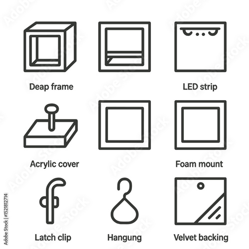 Shadow Box Icon Set. Outline icon set of shadow box frames: deep frame, display shelf, LED strip, object mount peg, acrylic cover,