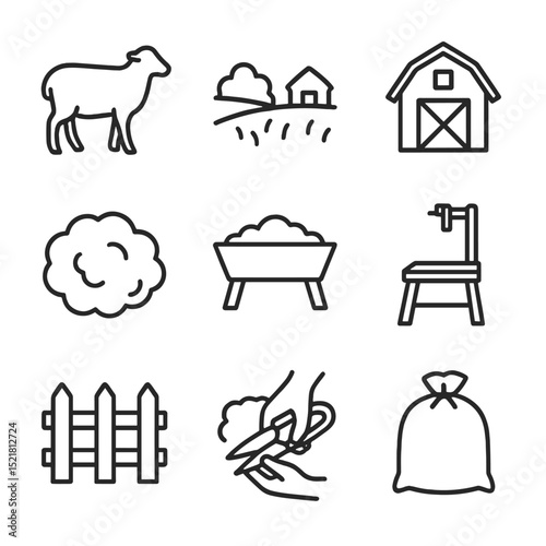Sheep Wool Icon Set. Outline icon set of sheep wool production farm: sheep silhouette, pasture, barn, wool fleece, feed trough,