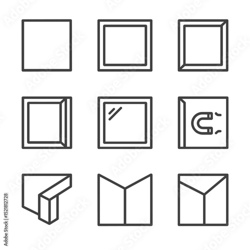 Modern Frame Icons. Outline icon set of modern minimalist frames: thin metal frame, matte black border, floating frame, hidden