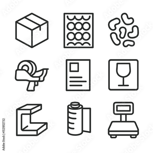 Shipping Icons Set. Outline icon set of packaging and shipping elements: corrugated box, bubble wrap pad, packing peanuts, tape
