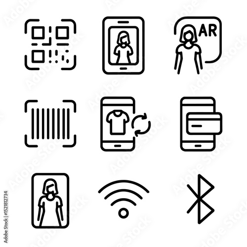 Mobile Fitting Icons. Outline icon set of mobile fitting room tech: QR code scanner, virtual try-on app, AR overlay, barcode