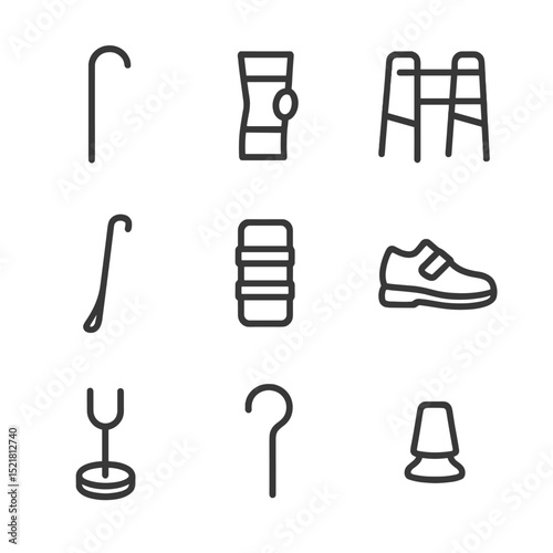 Mobility Tools Icons. Outline icon set of daily mobility tools: walking cane, knee brace, walker, shoehorn, wrist brace,