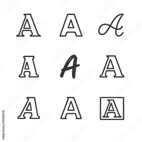 Typography Icon Grid. Outline icon set of lettering and typography: serif letterforms, sans-serif block, script flourish, stencil