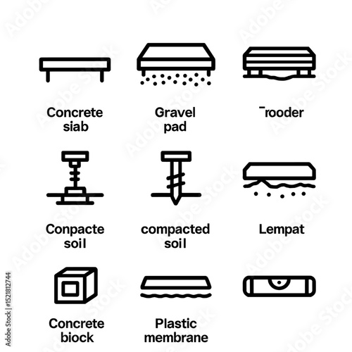 Shed Foundation Icon Set. Outline icon set of shed foundation designs: concrete slab, gravel pad, wooden sleeper, adjustable pier,