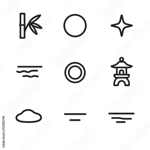 Moonlit Bamboo Icon Set. Outline icon set of moonlight through bamboo grove reflected: bamboo stalk, leaf cluster, moon icon,