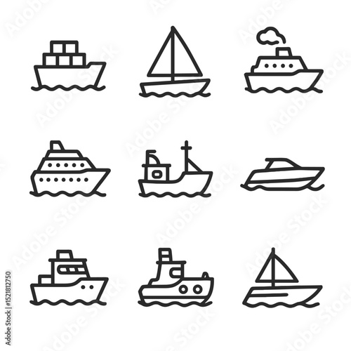 Outline Ship Icons. Outline icon set of ship transport: cargo ship, sailboat, steamship, cruise liner, fishing boat, speedboat,